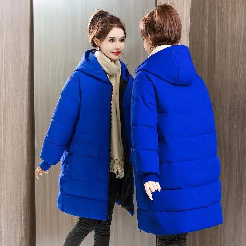 Chaqueta de plumón de algodón con capucha para mujer, abrigo grueso, holgado, largo medio, color azul, 8XL, novedad de invierno, 2023