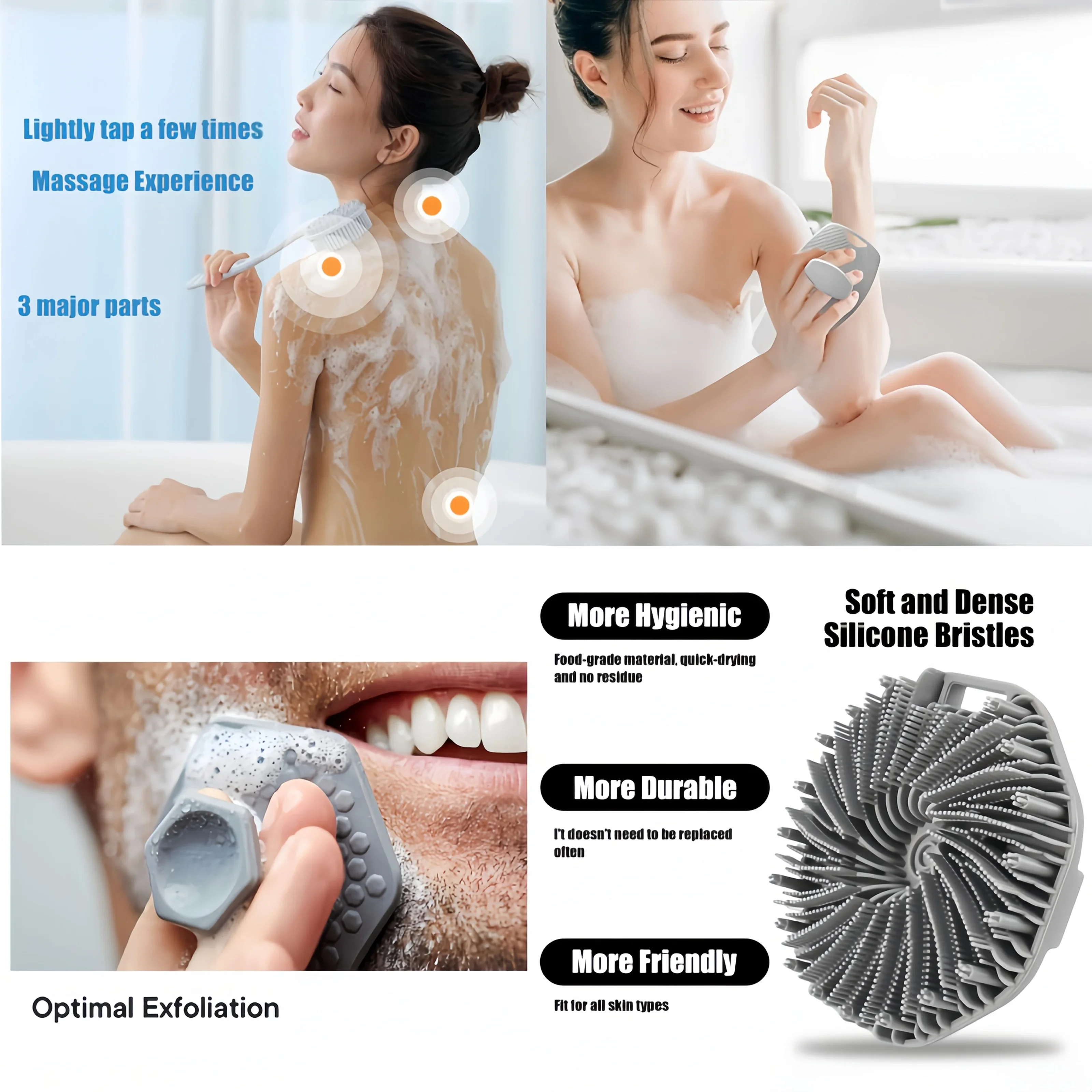 Set spazzole da bagno in silicone grigio da 4 pezzi