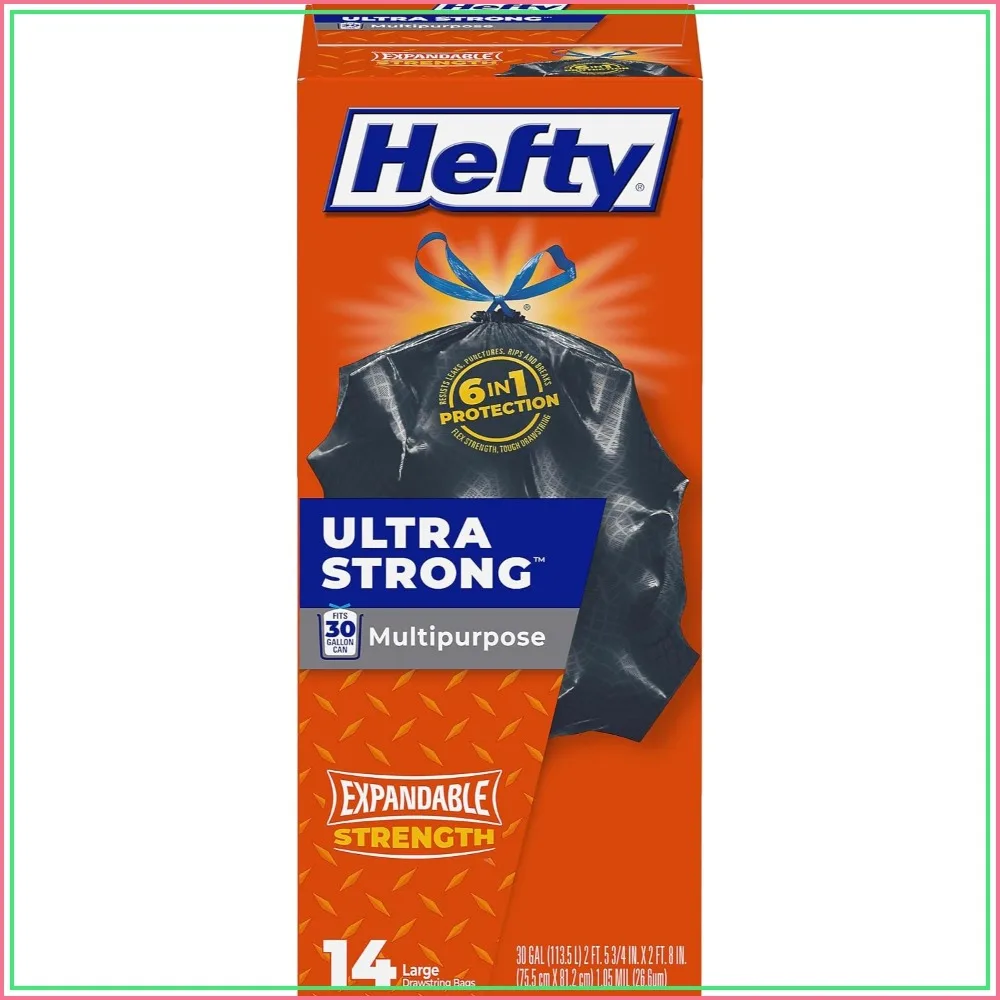 30 Gallon Trash Bags with Drawstrings, Heavy Duty, Black, Unscented, 14 Count, Leak and Tear Resistant