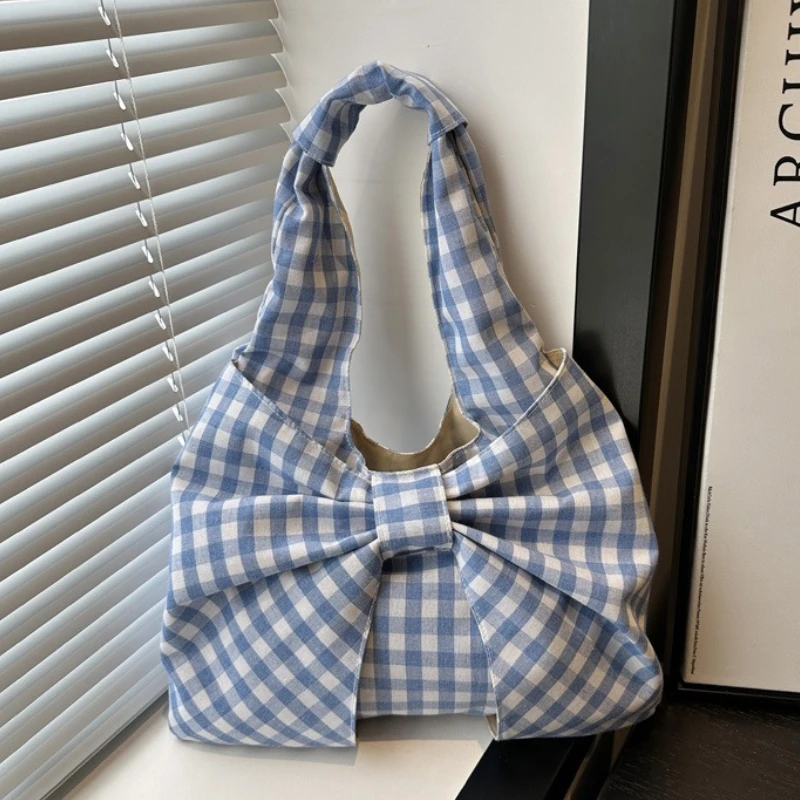 

Retro Bow Plaid Women's Shoulder Bags Simple Commuter Ladies Underarm Vest Bag Casual Portable Female Shopping Handbags Tote