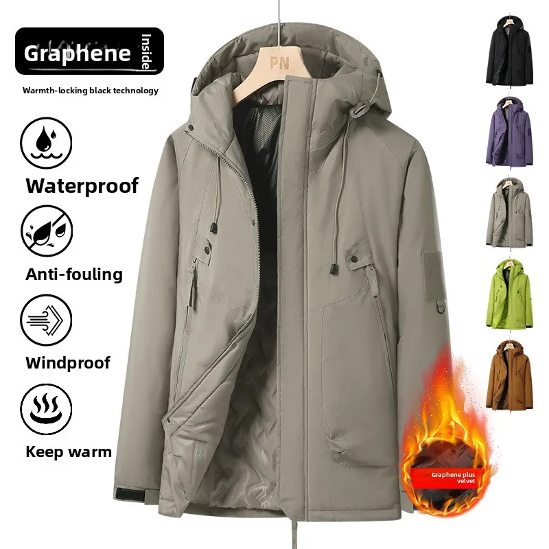 Men's Winter Jacket Fashion Casual Thickened Graphene Warm Cotton Padded Coat Women Outdoor Snow Clothing Windproof Hooded Parka
