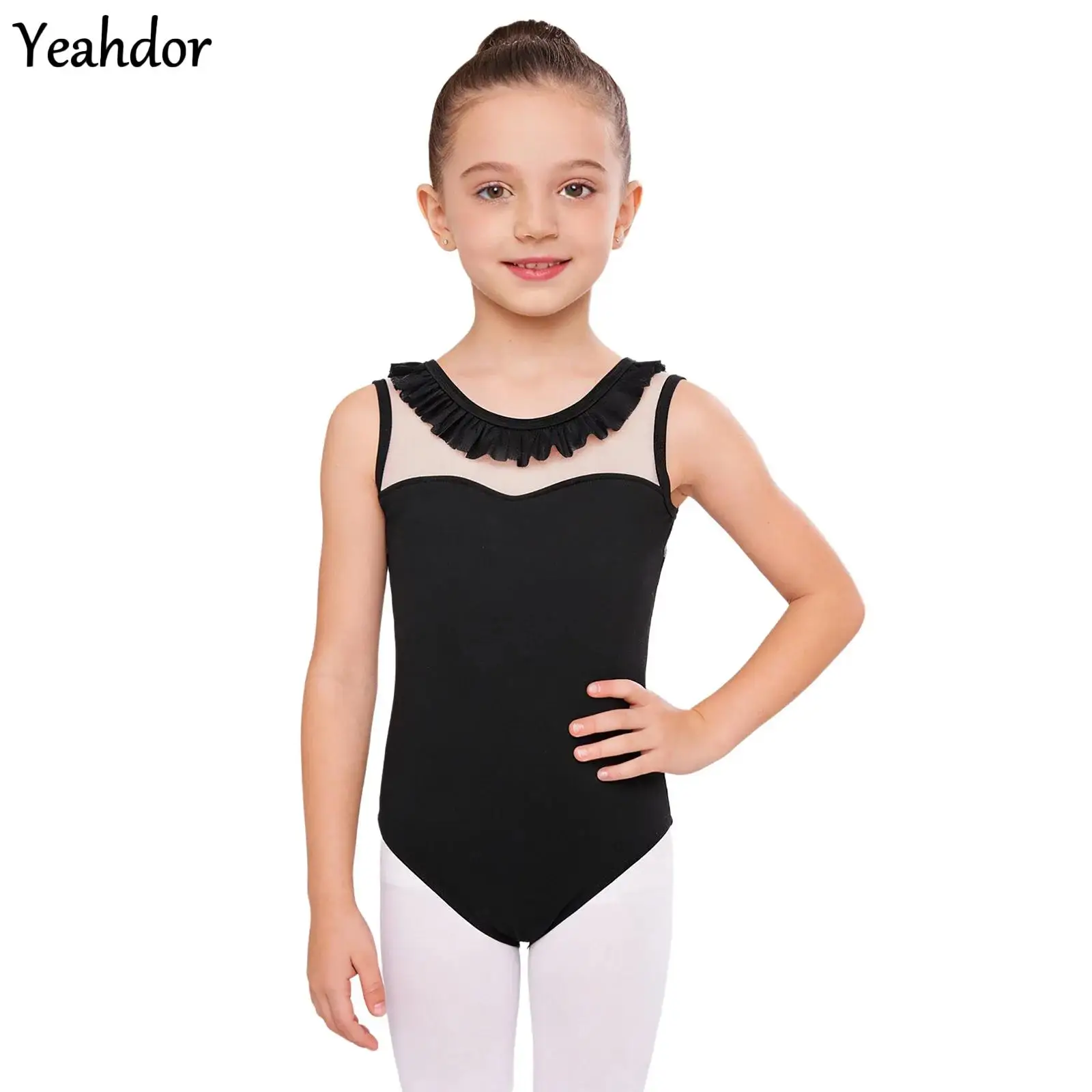 

Kids Girls Frilly Collar Ballet Dance Leotard Sleeveless Sheer Mesh Patchwork Gymnastics Figure Skating Bodysuit Tank Unitards