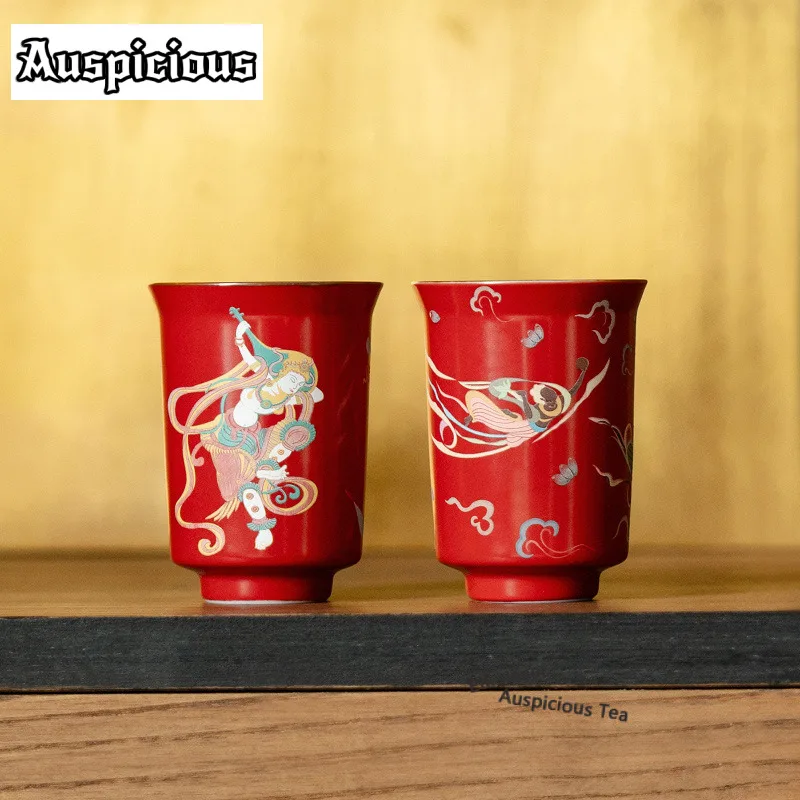 1pc 75ml Chinese Red Dunhuang Apsaras Teacup Zen Tea Bowl Tea Pair Tea-tasting Smelling Cup Jianzhan Master Cup Teaset Ornaments