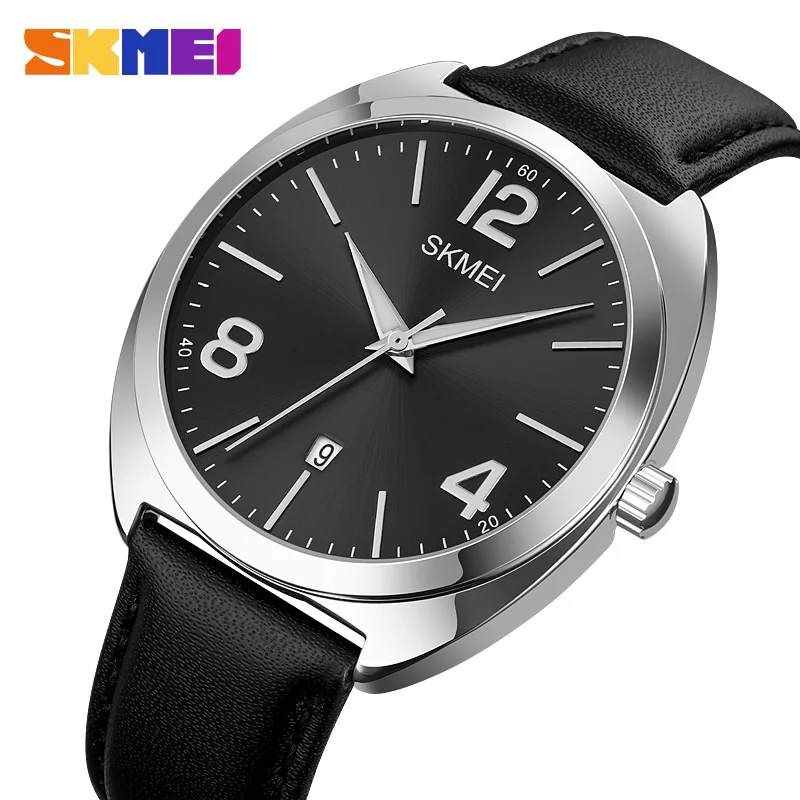 SKMEI Fashion Genuine Leather Strap Quartz Wristwatches For Male Casual Waterproof Date Sport Mens Watches Clock montre homme