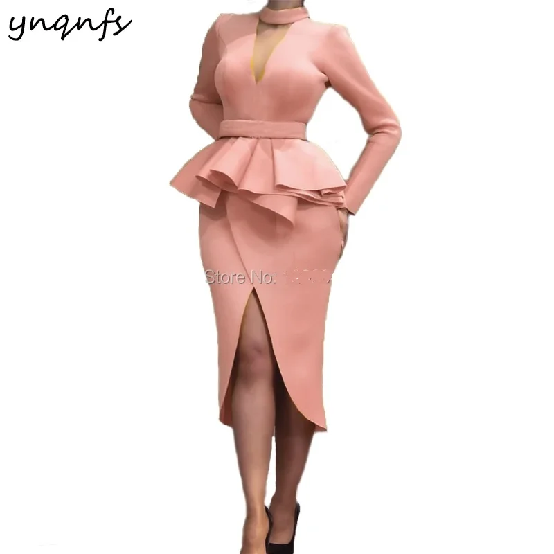 

YNQNFS E46 Satin Tea Length Sexy Open Bust High Leg Slit High Neck Long Sleeve Gold Evening Dress Short 2025