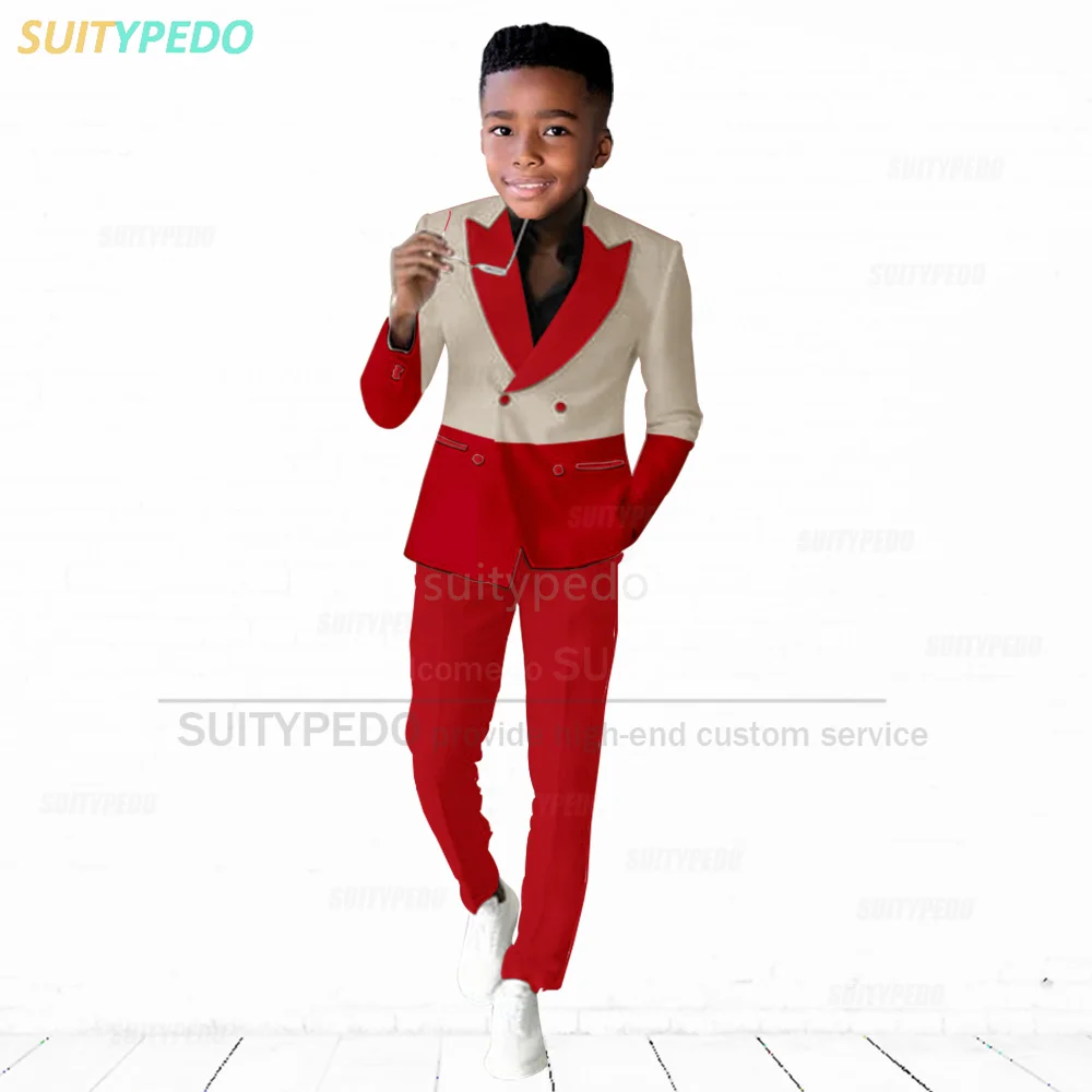 Fashion Red Splicing Suit For Boys Homecoming Classic Blazer Pants Outfits Graduation Ceremony Children Formal Slim Fit Costumes