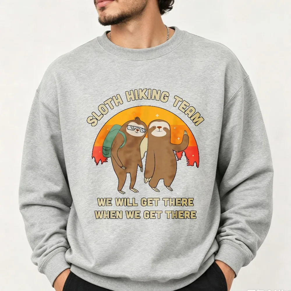 Sloth Hiking Team We Will Get There When We Get There Graphic Sweatshirt Vintage Sunset Funny Hiker Print Soft Casual Pullover