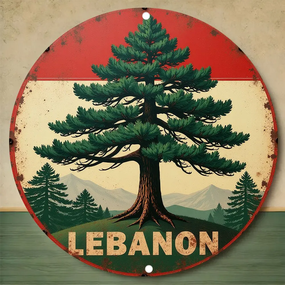 2D Flaches Vintage-Libanon-Flaggen-Zedernbaum-Holzschild, Retro Nahost Runde Plakette, Rustikale Patriotische Wandkunst, Reise-Länder-Dekoration