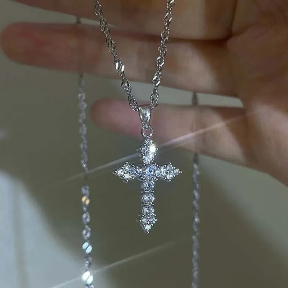Light Luxury Zircon Cross Pendant Necklace for Women Girls Cute Silver Color Thin Chain Necklace Party Jewelry Birthday Gift