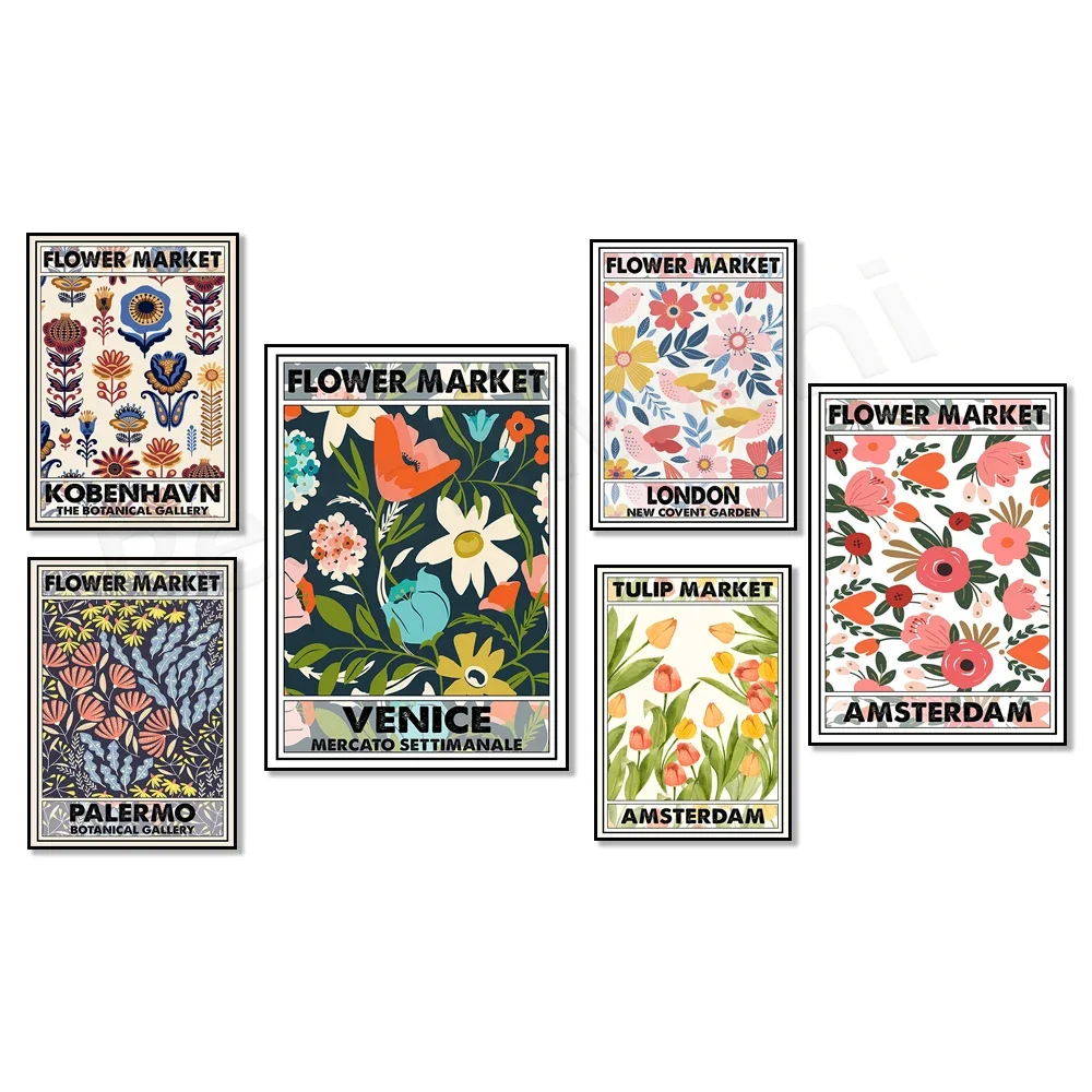 

London, Amsterdam, Copenhagen, Palermo flower market poster, floral green garden print, foliage poster, botanical art