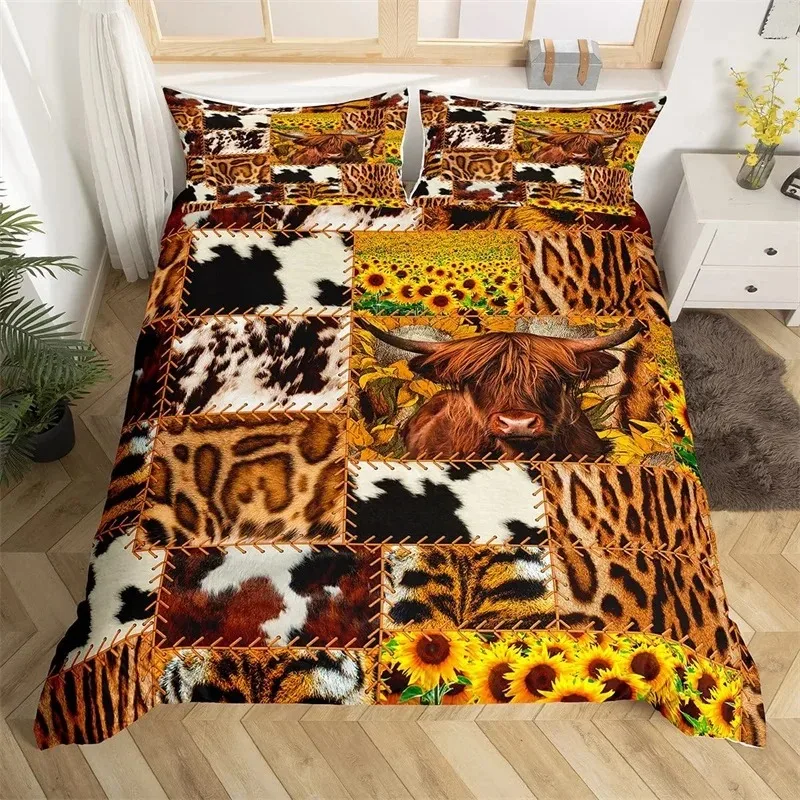 Sunflower Highland Cow Duvet Cover Western Farm Animal Bedding Set Cowhide Comforter Cover Microfiber Twin King Queen Bedclothes