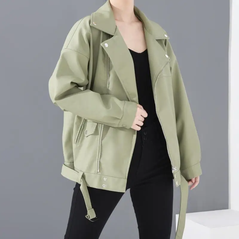 Women's Loose Pu Leather Jacket Student Motorcycle Coat Spring and Autumn Korean Versatile Leather Jacket
