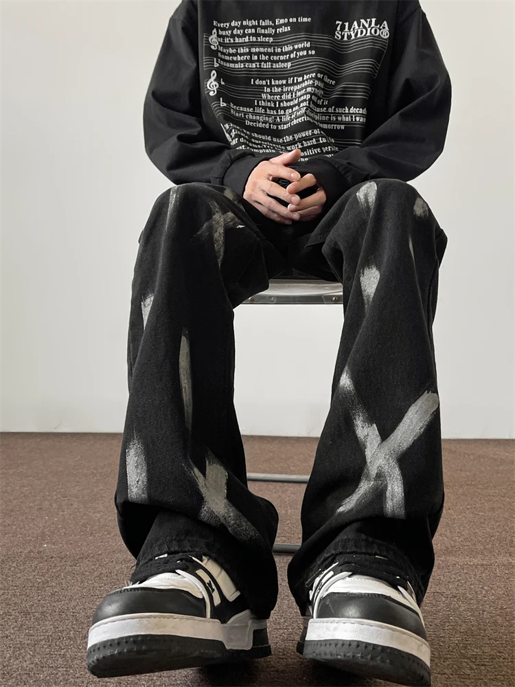 American Street Hiphop Loose Straight Leg Jeans Men's Trendy Tie Dye Splatter Denim Pants Spring Season Casual Long Trousers