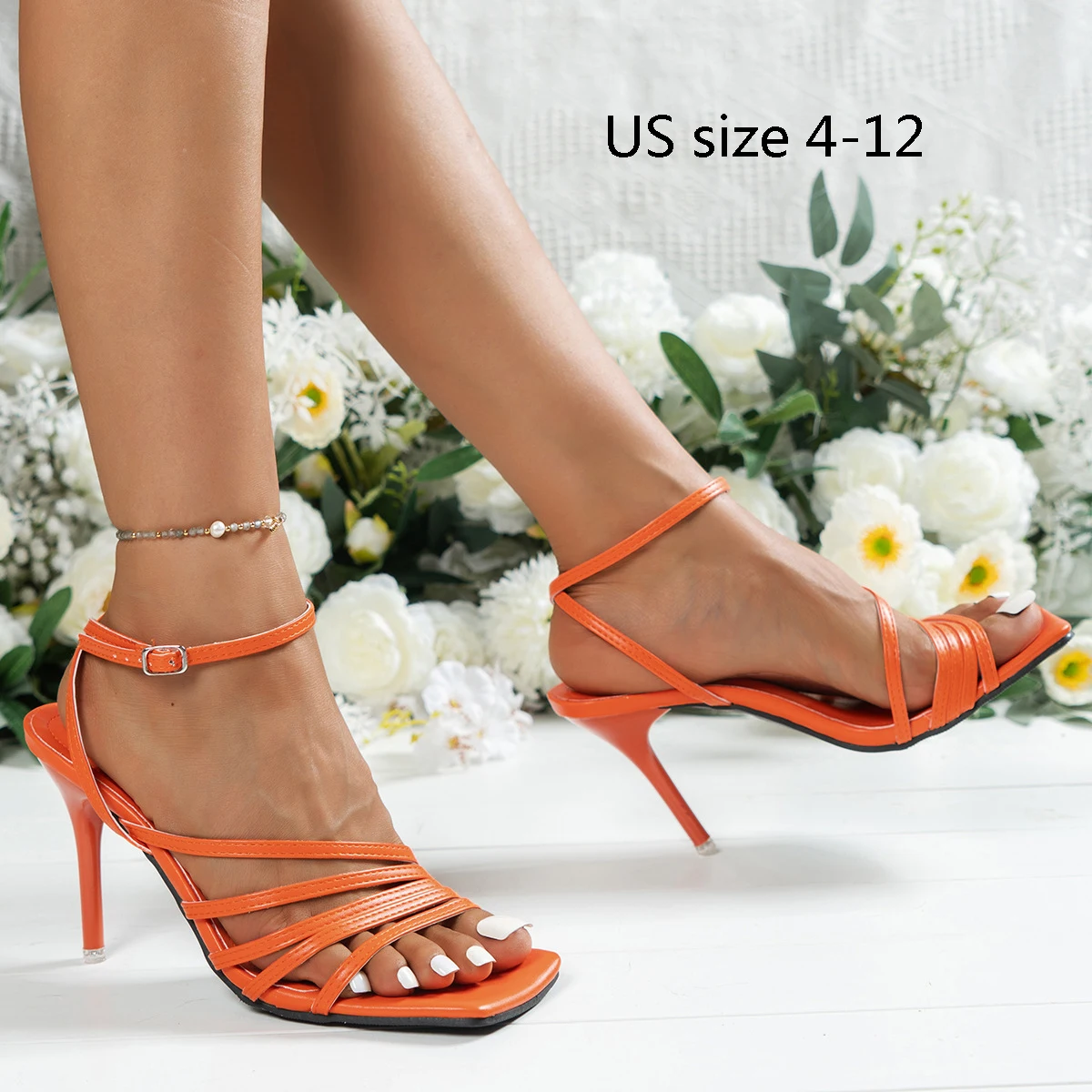 US size 4-12 Classic heels women's sandals One word belt buckle fashion temperament plus size square toe stiletto women's shoes