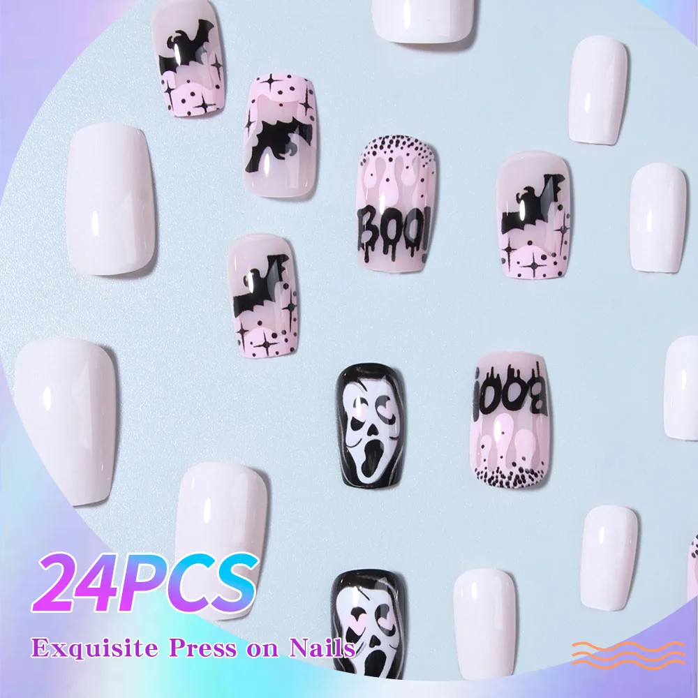 24pcs Mid-length Halloween Square Armor Skull Ghost Horror Press On Nails Bat Bleed False Nails Holiday Atmosphere Artificial