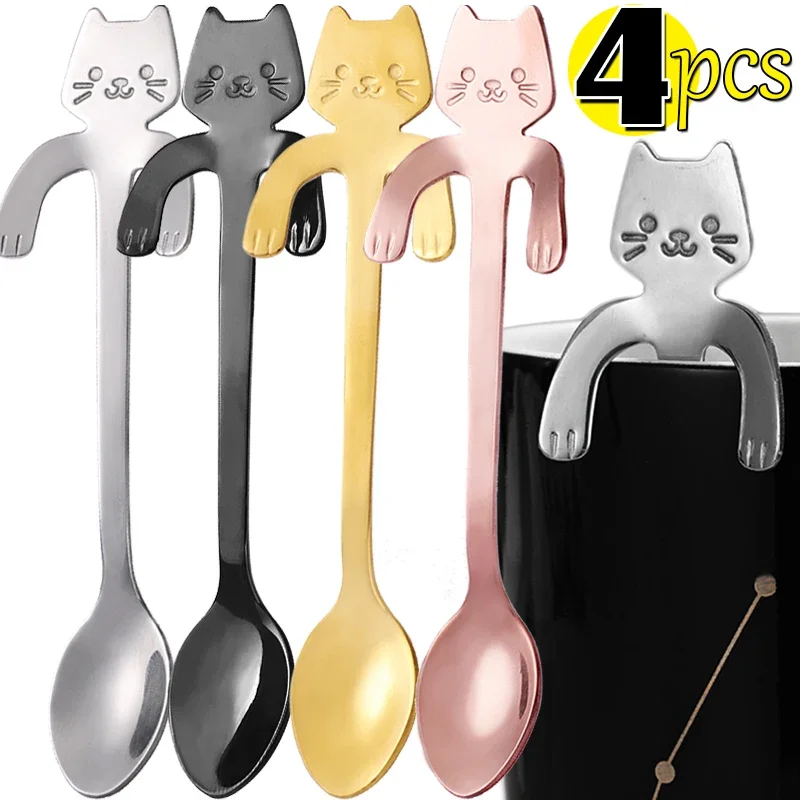 Stainless Steel Mini Cat Coffee Spoons Dessert Ice Cream Milkshake Spoon Cartoon Cats Teaspoons Scoops Kitchen Flatware Gadgets