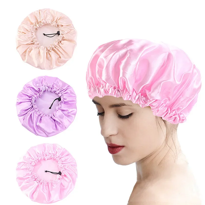 

Adjustable Satin Double Layer Shower Cap PE Waterproof Layer Bath Cap Perm Hair Dyeing Cap