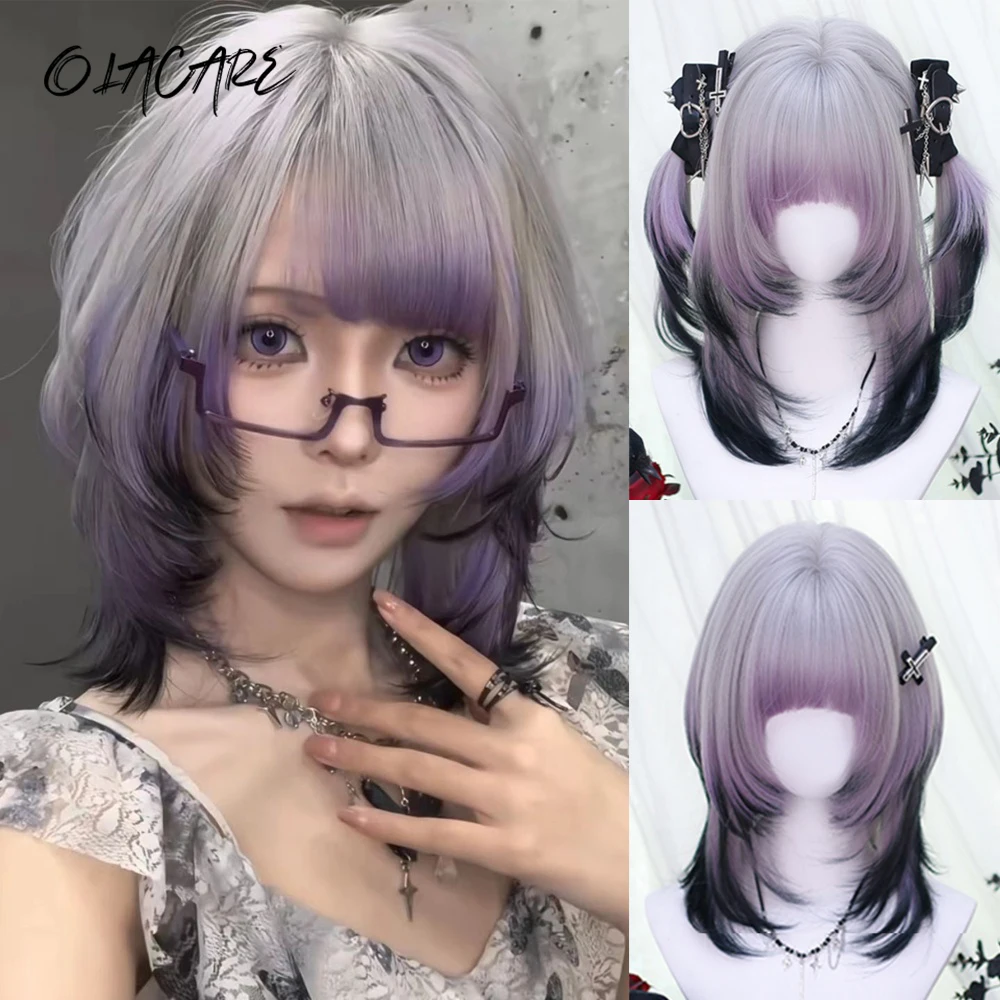 OLACARE Synthetic Medium Long Straight Layered Wigs Silver Gray Purple Brown Black Ombre Wigs for Women Heat Resistant Fake Hair