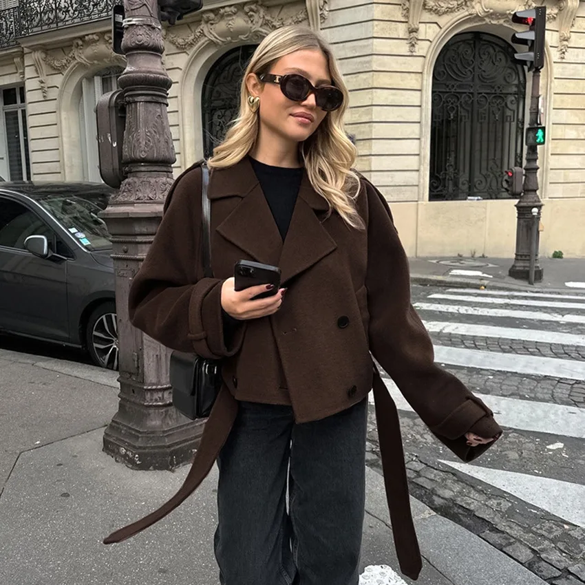 Women's Brown Wool Blend Cropped Coat Double Breasted Wide Lapel Short Jacket Belted Cuffs Elegant French Style Winter Outerwear