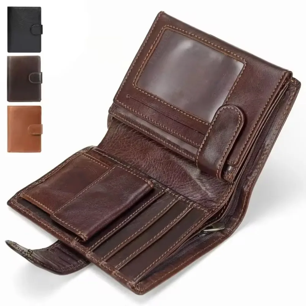 

High Quality Genuine Leather Card Wallet Men Women RFID Genuine Leather Short Wallet Multi Cards Slots Button Man Purse