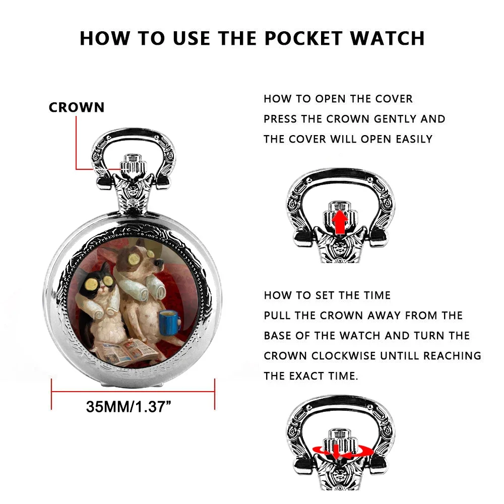

Cozy Cat Dog Fun Pattern Design Glass Dome Quartz Pocket Watch with Arabic Numerals Dial Durable Chain Perfect For Easter Gifts