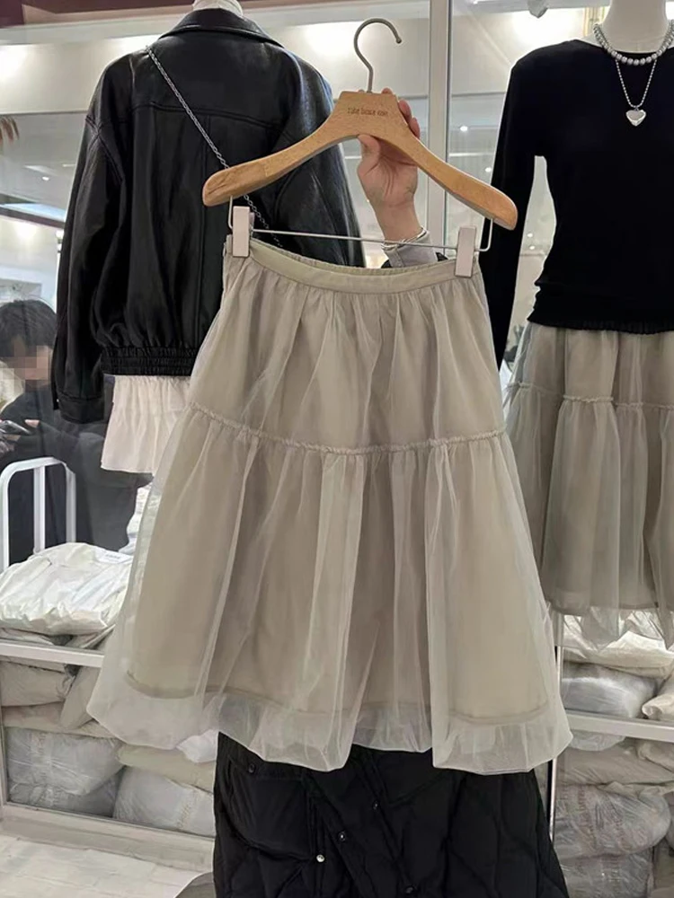

Spring 2025 Puffy Skirt Gentle Fairy Sle f-length Tulle Skirt High-waist A-line Casual Wear Micro-stretch Elastic Waist