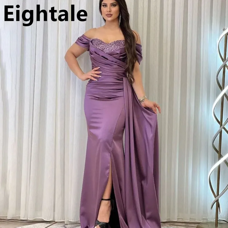 Customized Purple Mermaid Evening Dresses Pearls Beaded Sweetheart Neck Off Shoulder Slit Party Gown Fitted Arabic Prom Dress