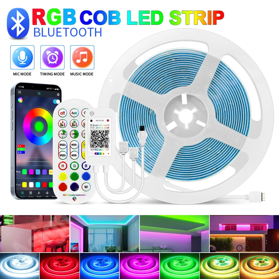 DC24V 840 LEDs/m COB LED Strip Light  RGB Dimmable Super Bright Flexible Adhesive Tape Smart WiFi /Bluetooth/Remote Control 1-5m