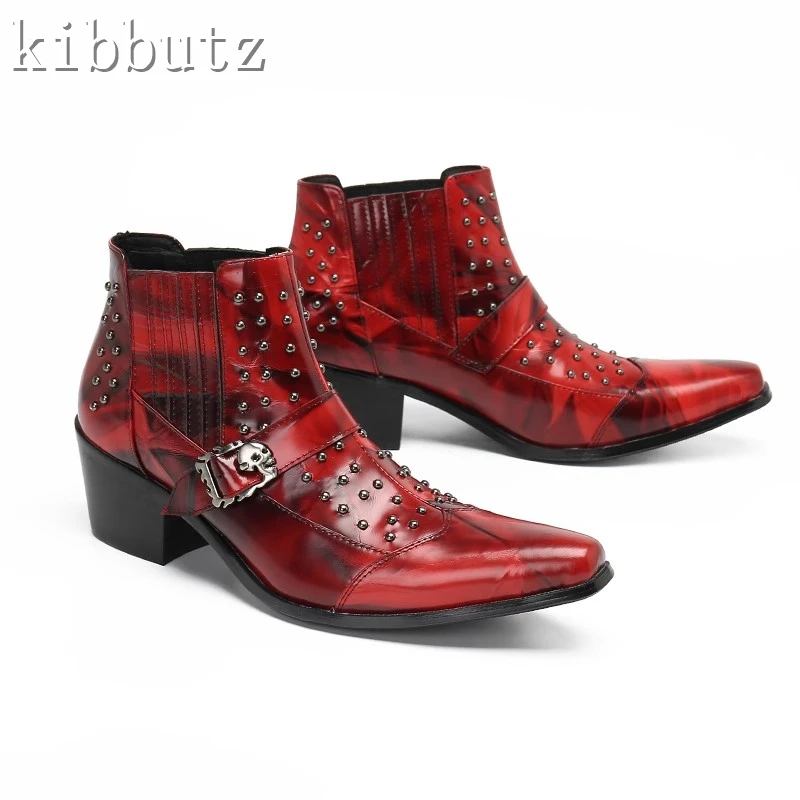 

Men Ankle Chelsea Boots Fashion Snake Print Real Leather Pointed Metal Toe High Heels Male Dress Shoes Casual Party Short Boots