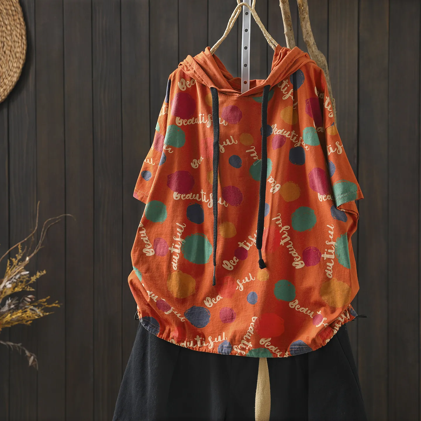 

Женские летние новые футболки с капюшоном в стиле Mori Girl, с принтом в горошек и надписями, с коротким рукавом, повседневные свободные топы