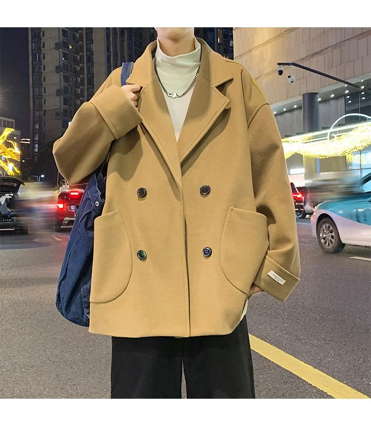 

Wool Blend Jacket Man Korean Mens Denim Autumn Winter Multi-Functional Trendy Drop-Shoulder Soft Thermal Cargo Style Pure Warmer