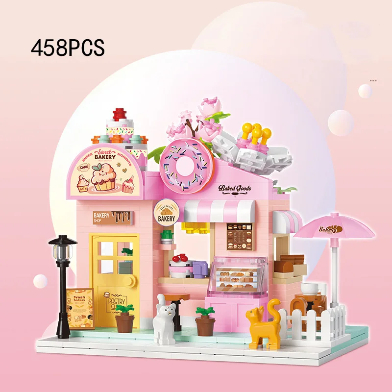 City Street View House Mini Block Cake IceCream Shop Idea Building Brick Grocery Store House Streetscape Toy With Light For Gift