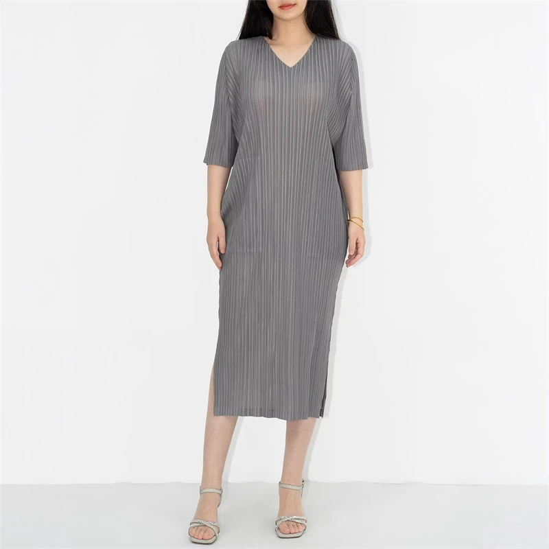 

Grey Pleated V-Neck Half Sleeve Midi Dress Lightweight Wrinkle-Resistant Women's Casual Daily Office Commute Vacation Long Dress