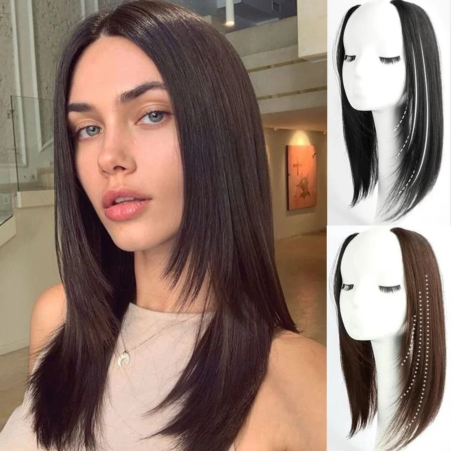 Synthetic Hair Extensions Clip in hair extenstion Invisible u-type Short Straight Extension Women Hairpieces Half Wig for white