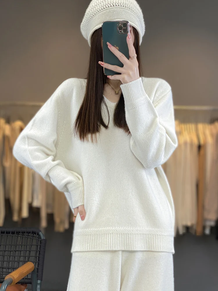 

2024 Ladies Set 100% Pure Wool Casual Long Sleeve V-neck Pullover Sweater Solid Color Knit Long Wide Leg Pants Fashion Two Piece