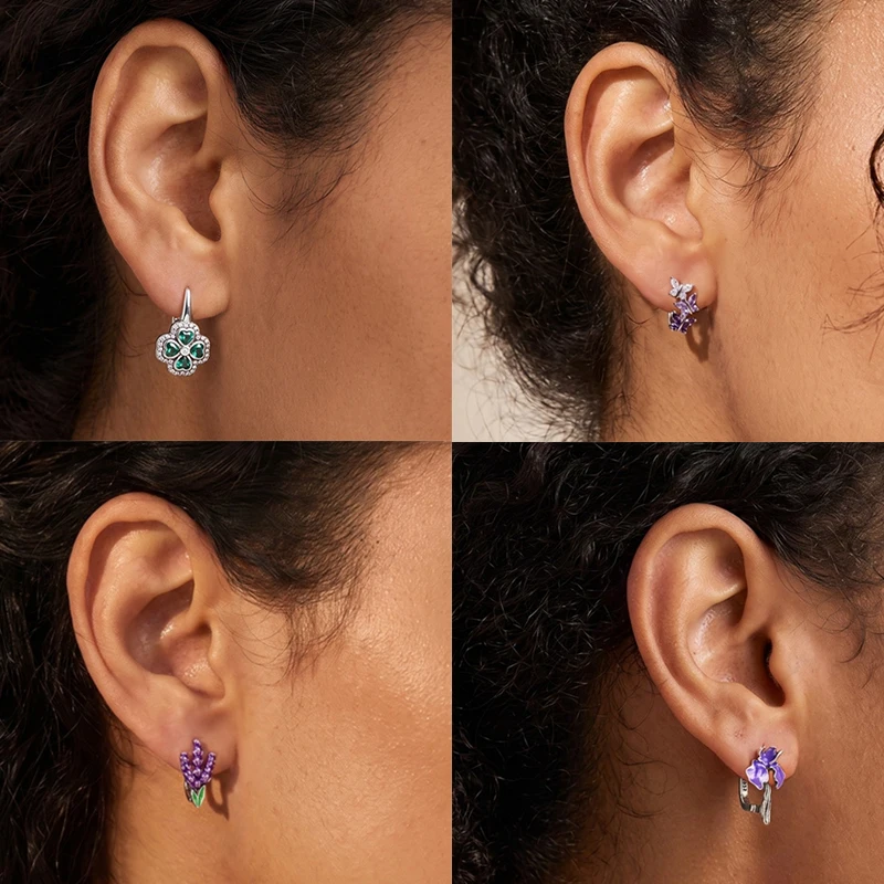 925 Sterling Silber Creolen Pfotenabdruck Blumenstrauß Kleeblatt Lavendel Fisch Bunter Schmuck Geschenk für Frauen und Mädchen – Detail 2