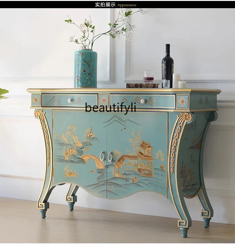 Neoclassical retro painted blue and gold porch storage cabinet sofa back table
