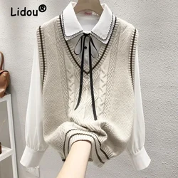 Gilet maglione lavorato a maglia con scollo a V stile Preppy Vintage alla moda da donna Y2K gilet Pullover allentato senza maniche Casual femminile