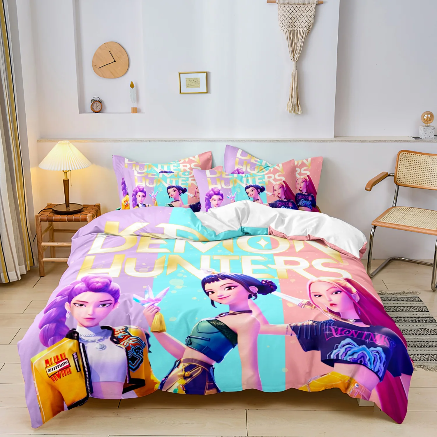 3 قطع من غطاء لحاف بنمط K-Pop Demon Hunters، يتضمن غطاء لحاف واحد و2 كيس وسادة، مناسب لغرف النوم وهدايا مروحة الفنادق