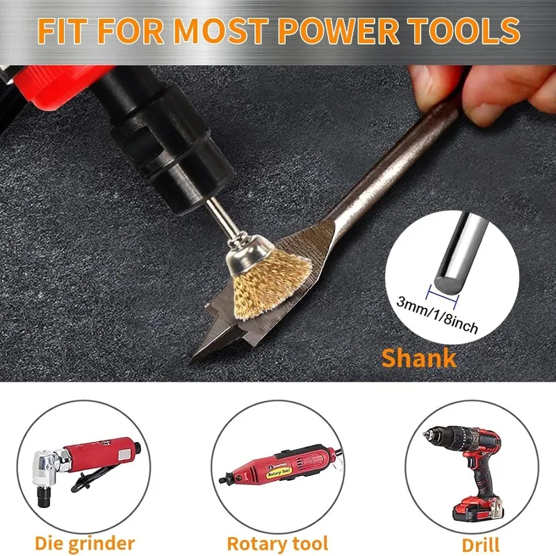 Suitable for rotating polishing tools, brass wire polishing brush, metal rust removal wheel cup sleeve, 1/8 inch (3mm) handle,