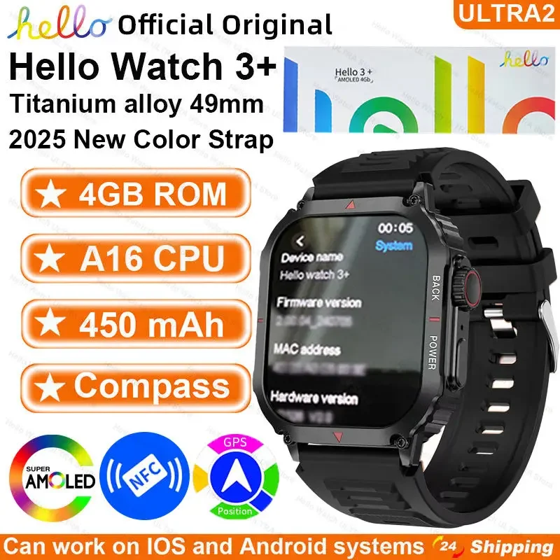 New Smartwatch 2025 Official Original Hello Watch 3 Plus ULTRA 49mm AMOLED 4G ROM NFC GPT Compass Bluetooth Call Clock Men Women