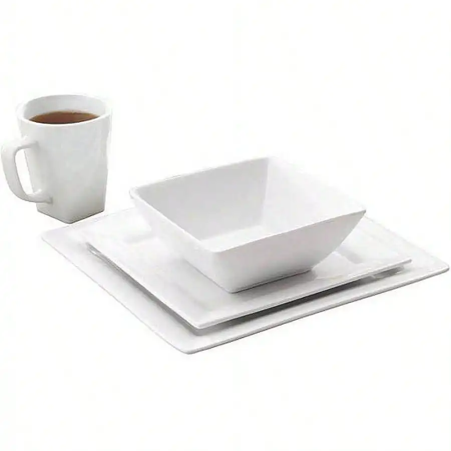 

16 Piece Square Porcelain Dinnerware Set in White - Service for 4, Dishwasher & Microwave Safe
