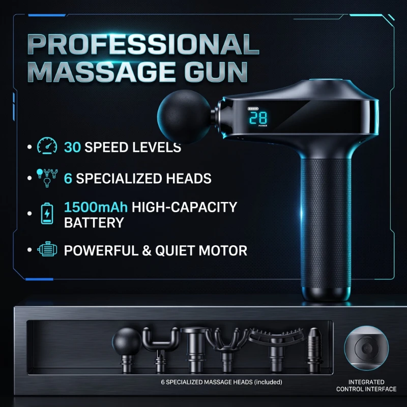 Cordless Fitness Massager Fascia Gun 30 Speed Vibration LCD Screen Button-operated 1500mAh Deep Tissue Relaxing Muscle Massager
