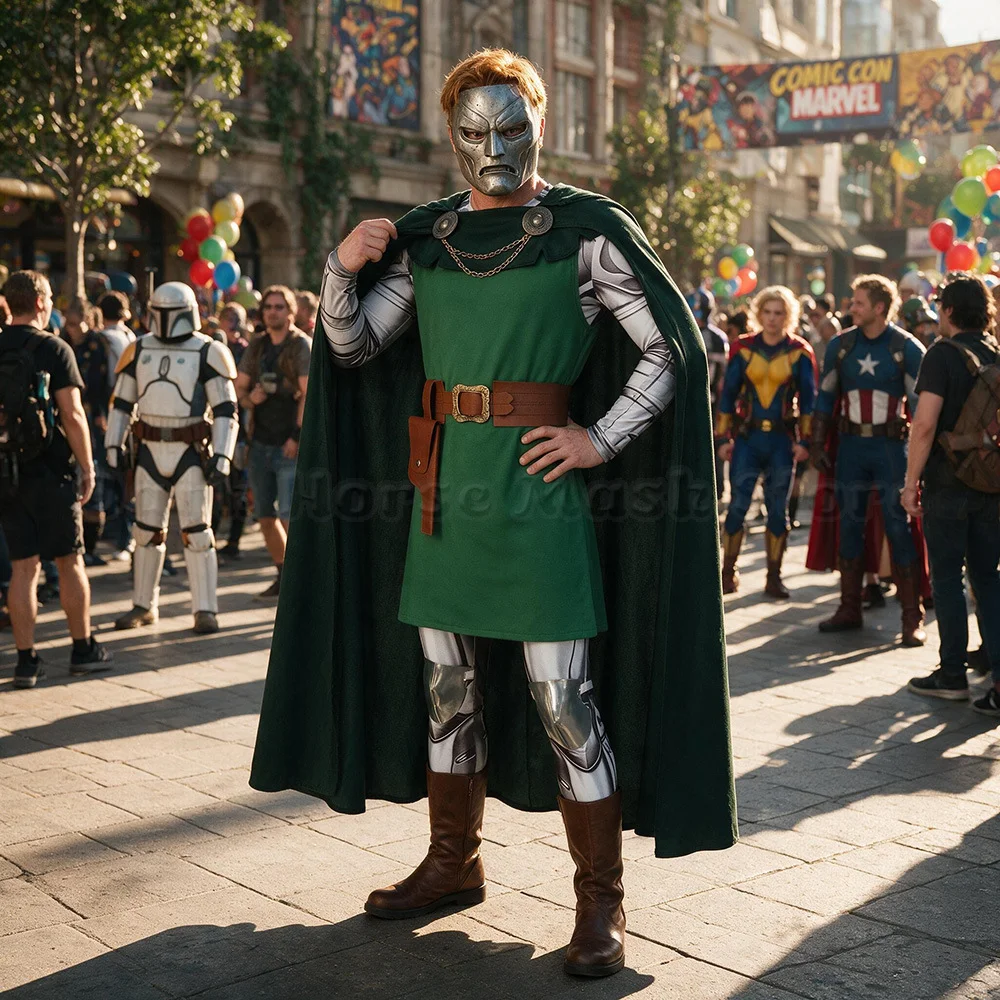 Disfraz de Doctor Doom para adultos, inspirado en la película Doom Day, con capa verde, conjunto completo y traje para Halloween, carnavales y eventos de cómics.