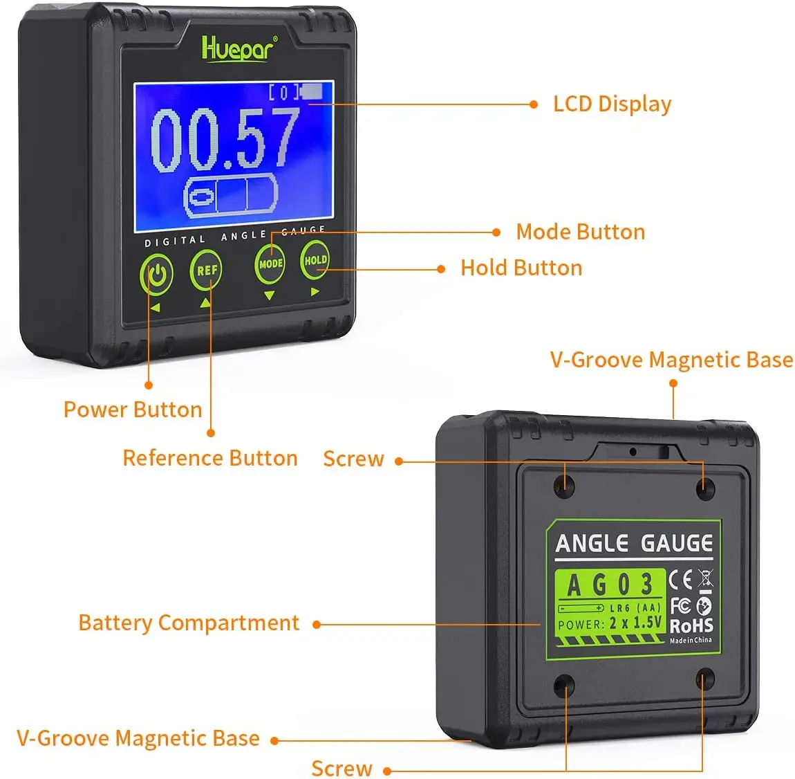 Imagem -03 - Huepar-digital Angle Gauge Transferidor Bolha Eletrônico Angle Finder Caixa de Nível Eixo Duplo 0.01 ° Resolução V-groove Magnético