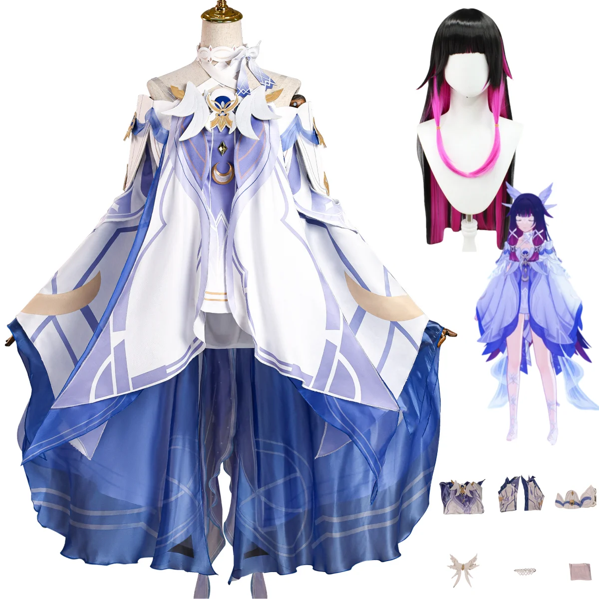 

Anime Game Columbina Damselette Cosplay Costume 2025 Blue White Dress Lolita Skirt Uniform Woman Sexy Masquerade Suit 2025