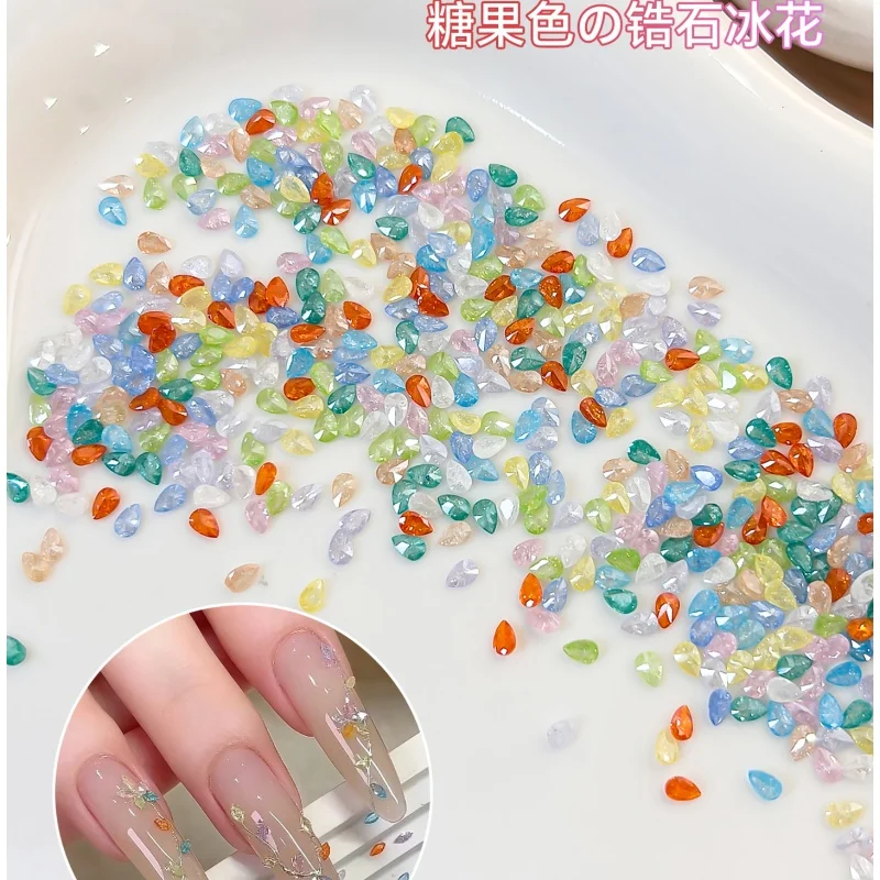  50Pcs Candy Color Ice Flower Zircon Nail Rhinestones Decorations Mini Translucent Glass Beads Water Drop Nail Charms DIY Parts