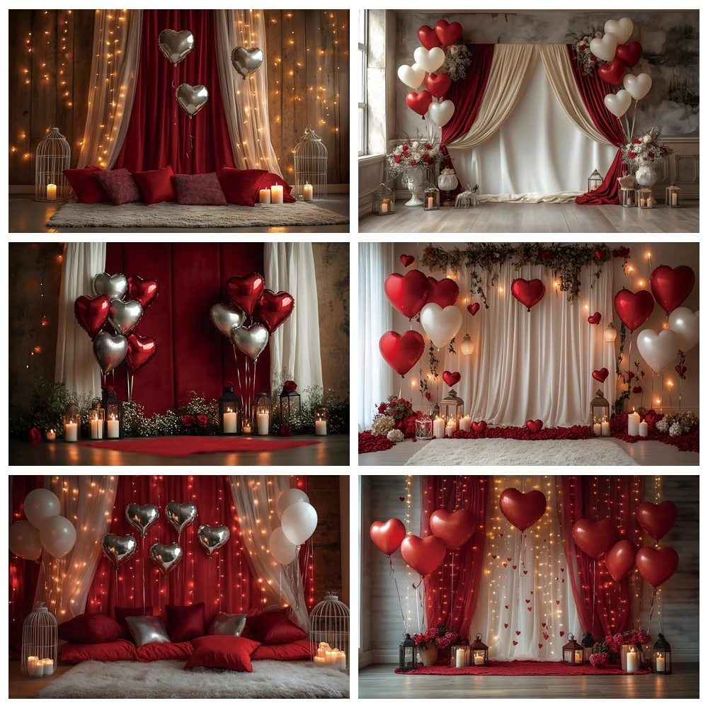 

Valentine's Day Photography Backdrops Indoor White Curtains Love Heart Balloon Propose Scene Wedding Party Decoration Background