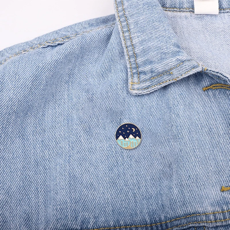 Cartoon Night Star Moon Mountain Design Metal Brooch Beautiful Starry Sky Night Scene Badge Simple Gift Pins DIY Clothing Bags