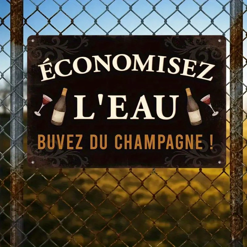 Letrero Metálico Vintage Francés - "¡Economice el agua, beba Champagne!" Arte Rústico para Pared, Ideal para Bares, Casas de Campo o Bistrós - Eas
